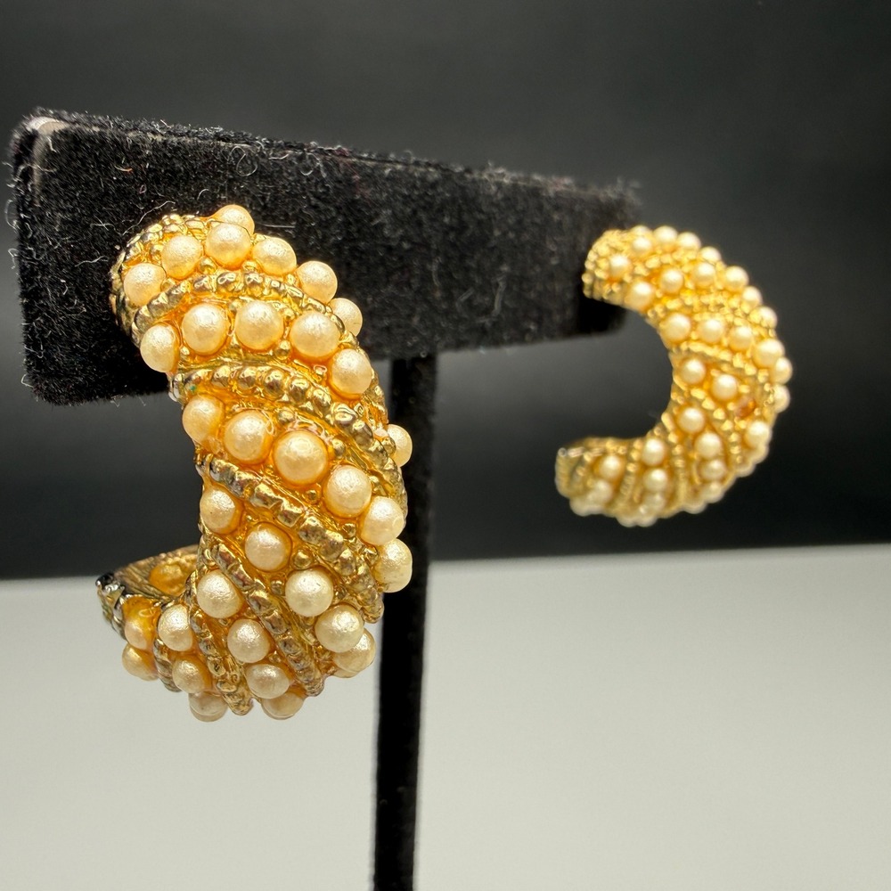 Vintage Rosa Flores Gold Tone Faux Pearl Hoop Earrings Signed READ